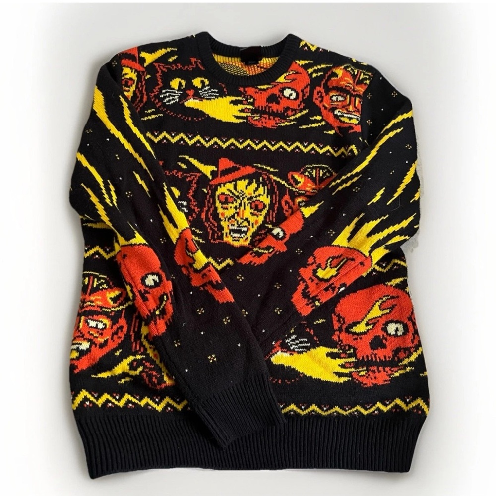 Hot Topic Black Matter Ugly Halloween Cat Witch Devil Skull Men’s large Sweater